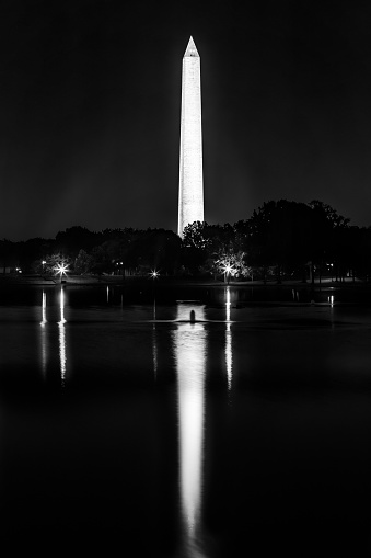 Washington monument, mirrored in the reflecting pool in Washington DC