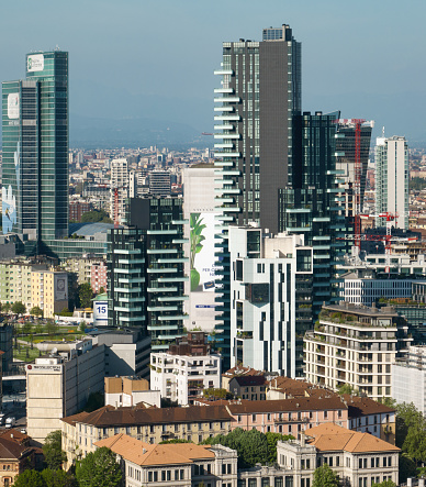 Aerial view of Milan, skyscrapers: Palazzo Lombardia and Solaria tower. 04-12-2024. Italy