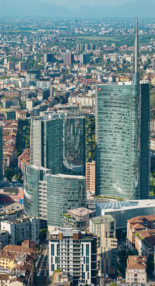Aerial view of Milan, skyscrapers.  Unicredit tower. 04-12-2024. Italy