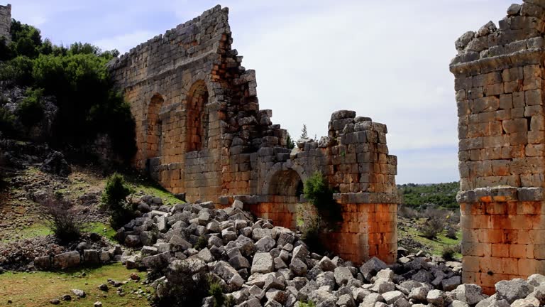 Panoramic video of Olba, Turkey, showcasing archaeology, ancient ruins. Footage highlights main gate, archaeology in detail. Explore archaeology of Roman city through sweeping views