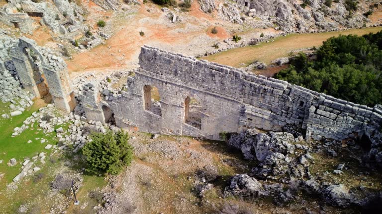 Aerial view of olba, antique wall, ruins of ancient Roman city in Turkey. Video shows main gate, olba, antique wall, with surrounding landscape. Explore olba, antique wall, through drone footage