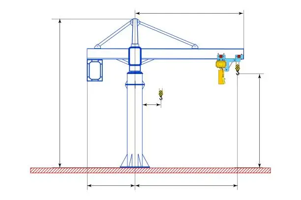 Vector illustration of Sketch of a jib crane with dimensions. Crane on a support. Dimensional drawing.