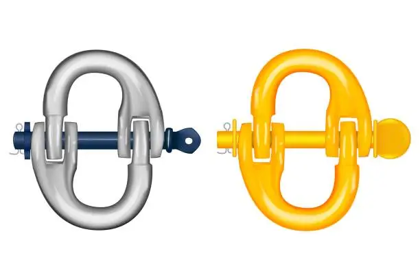 Vector illustration of Shaped lifting shackle. That metal or steel with locking pin. Accessory or lifting equipment with breaking strength for winching, industrial crane rigging, tow strap and off-road jeep truck recovery.