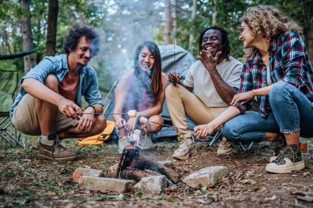 istock Friends roasting marshmallows together at camping 2148445703