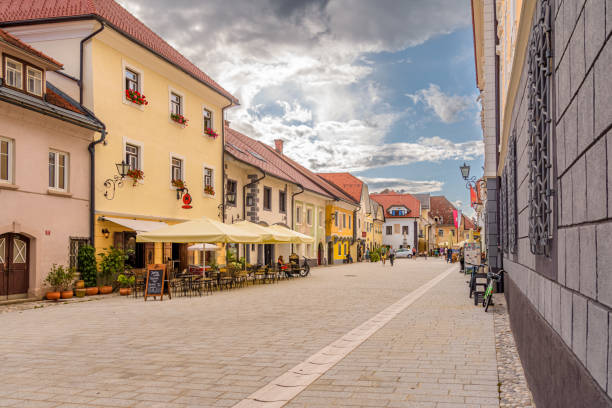 Radovljica, Slovenia - July 26 2023:  A view on the main Square in the old town of Radovljica, Slovenia