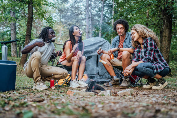 istock Friends enjoying in camping trip while roasting marshmallows 2148446373