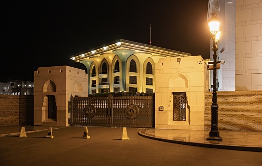 Muscat, Oman, March 15, 2024: View of the Al Alam Palace in Muscat in the evening. The palace is used as a ceremonial palace by the Omani sultan.