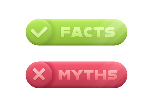 Facts and myths geometric badge in 3d style with check and cross mark on circle and glowing effect. Banner design for business, news and journalism. Vector illustration.