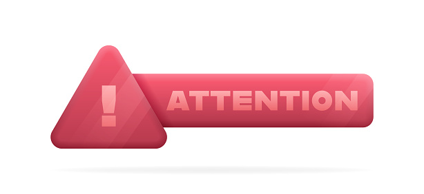 Attention, geometric badge in 3d style with exclamation mark on triangle and glowing effect. Important information of danger, be careful and attentive. Vector illustration.
