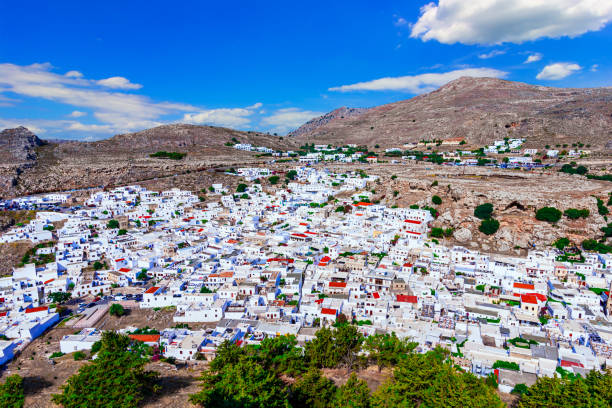 Lindos city on Rhodes island, Greece.  Small whitewashed village and the Acropolis, on Rhodos Island, Greece at Aegean Sea