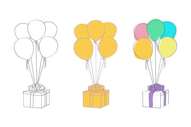 Vector illustration of Three balloons and a gift box with a ribbon