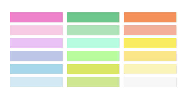 Set of isolated colored stickers for notes on a pure white background. Colored sticky tapes with real shadow. Color sticky papers notes.  Illustration clipart images.