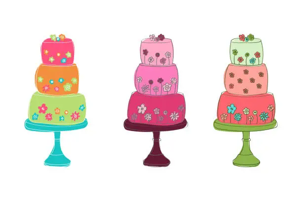 Vector illustration of Three different colored cakes stacked