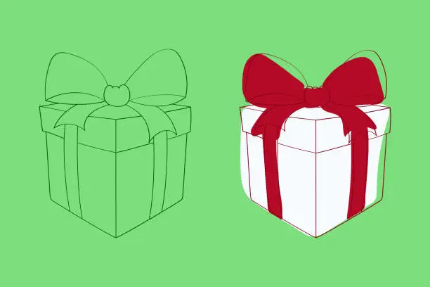 Vector illustration of Drawing of a present box with a red bow