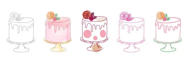 Vector illustration of Five different types of cake drawing