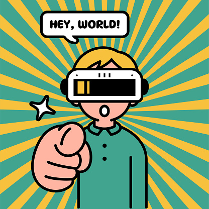 Future Style Characters Designs Vector Art Illustration.
A boy wearing a virtual reality headset or VR glasses enters the metaverse, looks at the viewer, and points at the viewer with his index finger.