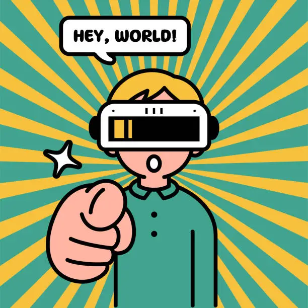 Vector illustration of A boy wearing a virtual reality headset or VR glasses enters the metaverse, looks at the viewer, and points at the viewer with his index finger