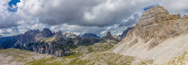istock Dolomiti Alps wide panorama beautiful landscape with rocky peak. Dolomites mountains panoramic view 2148454835