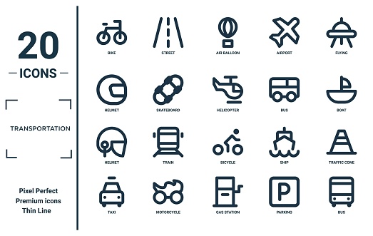 transportation linear icon set. includes thin line bike, helmet, helmet, taxi, bus, helicopter, traffic cone icons for report, presentation, diagram, web design
