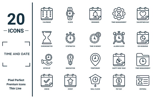time and date linear icon set. includes thin line calendar, chronometer, offer up, check, criteria, time is money, time management icons for report, presentation, diagram, web design