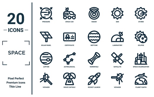 space linear icon set. includes thin line pressure, solar panel, jupiter, voyager, planet earth, neptune, space colonization icons for report, presentation, diagram, web design