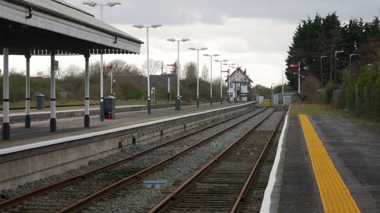 Deserted train station with multiple tracks and a signal tower, set against a backdrop of trees and overcast skies. Quiet transit setting, perfect for conveying solitude and transportation