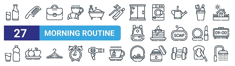 set of 27 outline web morning routine icons such as milk, comb, briefcase, washing hine, pancakes, fruits, sink, shower vector thin line icons for web design, mobile app.