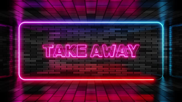 Neon sign take away in speech bubble frame on brick wall background 3d render. Light banner on the wall background. Take away loop fast food, design template, night neon signboard
