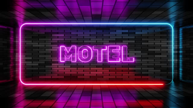 Neon sign motel in speech bubble frame on brick wall background 3d render. Light banner on the wall background. Motel loop booking apartments, design template, night neon signboard