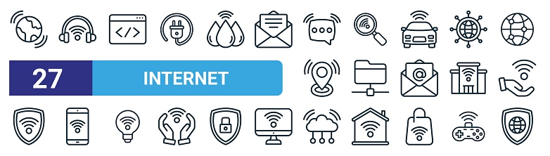 set of 27 outline web internet icons such as planet, headphone, coding, magnifying glass, web hosting, smartphone, cloud, security vector thin line icons for web design, mobile app.