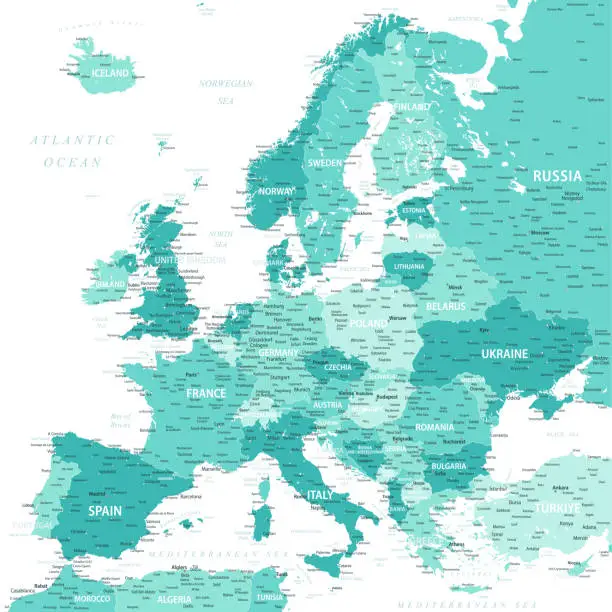 Vector illustration of Europe - Highly Detailed Vector Map of the Europe. Ideally for the Print Posters. Turquoise Blue Green Retro Style