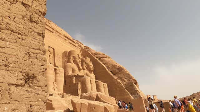 4K Video of The incredible Abu Simbel Temple rebuilt on the mountain in southern Egypt in Nubia next to Lake Nasser. Temple of Pharaoh Ramses II