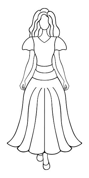 Fashionable lady. Sketch. Vector illustration. A woman in a blouse with bell sleeves and a fluffy long skirt with a belt. Doodle style. Girl with wavy hair. Outline on isolated background. Coloring book for children. Idea for web design, invitations.