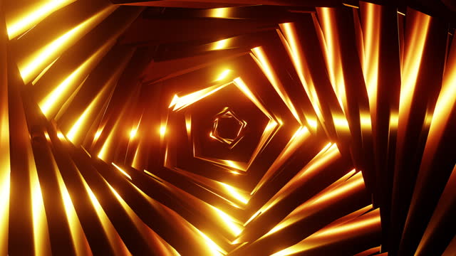 Tunnel with twisted gold art deco lines shimmers with bright reflections 3d render. Movement in metallic chrome geometric shape background and overlay