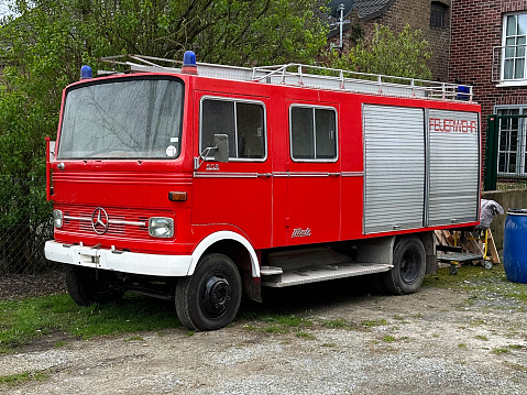 Korschenbroich, Germany, March 27, 2024 - Mercedes Benz 608 (LP 913) vintage fire engine built in 1975.