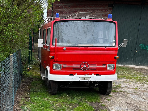 Korschenbroich, Germany, March 27, 2024 - Mercedes Benz 608 (LP 913) vintage fire engine built in 1975.