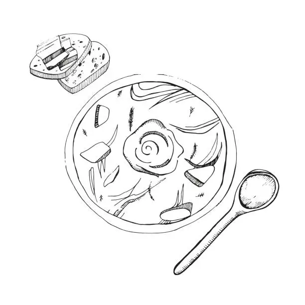 Vector illustration of Illustration. Vector illustration of a plate with borscht, lard and bread, a tablespoon. All objects are drawn in vector in black. Suitable for printing on paper, menus, recipes