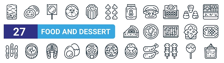 set of 27 outline web food and dessert icons such as nougat, mochi, lollipop, poached egg, biryani, creme brulee, dip, mousse vector thin line icons for web design, mobile app.