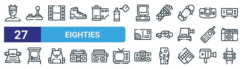 set of 27 outline web eighties icons such as rockstar, joystick, negative film, glove, car, arcade, audio system, watch vector thin line icons for web design, mobile app.