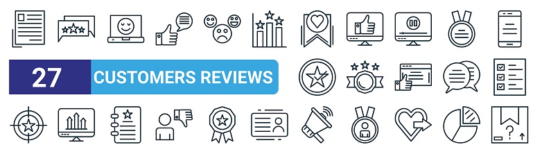 set of 27 outline web customers reviews icons such as form, rating, smile, like, top rated, rate, speaker, mystery box vector thin line icons for web design, mobile app.