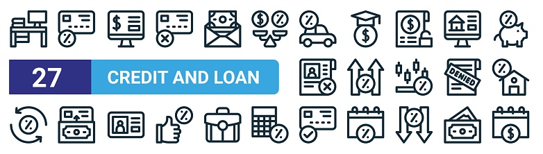set of 27 outline web credit and loan icons such as workspace, installation, computer, education, increase, deposit, credit card, due date vector thin line icons for web design, mobile app.