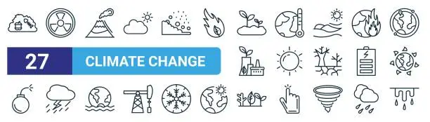 Vector illustration of set of 27 outline web climate change icons such as dump, nuclear energy, volcano, warming, sun, storm, plants, melting vector thin line icons for web design, mobile app.