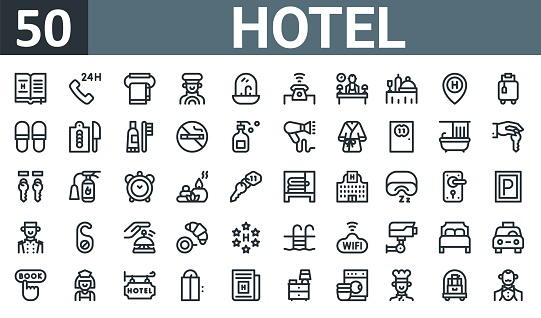set of 50 outline web hotel icons such as guestbook, hours, towel rail, driver, sink, phone, receptionist vector thin icons for report, presentation, diagram, web design, mobile app.