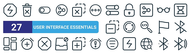 set of 27 outline web user interface essentials icons such as thunderbolt, uninstall, toggle button, unlock, synchronize, alarm clock, sort, wireless vector thin line icons for web design, mobile