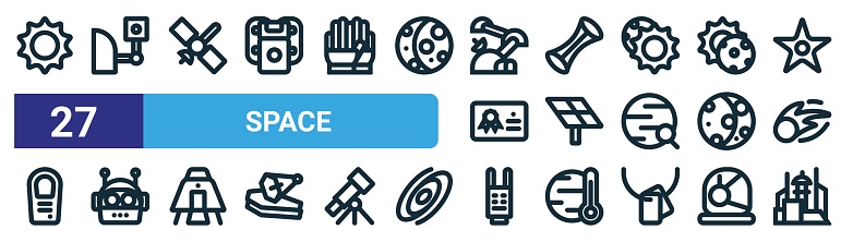set of 27 outline web space icons such as sun, camera, satellite, wormhole, solar panel, robot assistant, phone, space colonization vector thin line icons for web design, mobile app.