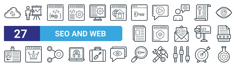 set of 27 outline web seo and web icons such as cloud sync, optimization analysis, seo and web, viral marketing, security, premium quality, keywording, optimization analysis vector thin line icons