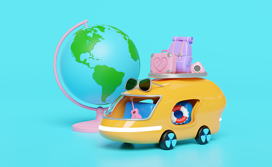 3d bus or van with guitar, luggage, camera, sunglasses, globe isolated on blue background. summer travel concept, 3d render illustration