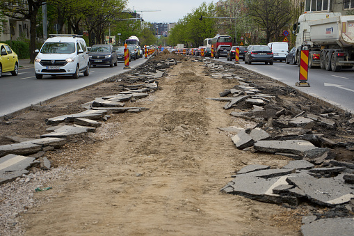 Bucharest, Romania - April 04, 2024: Reconstruction site of the tram line 5 on Capitan Alexandru Serbanescu street, in Bucharest.