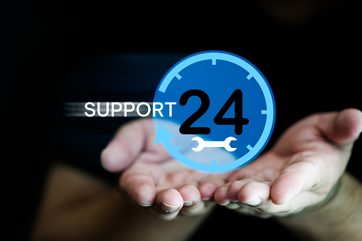 The service icon for standby 24 hour and 7 day to support all time customer call contact in any chanel any time. Worldwide nonstop service.