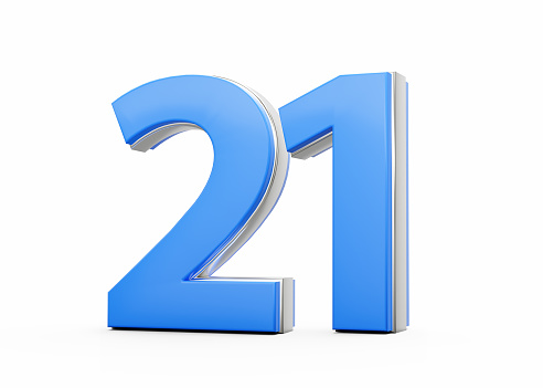 3D Number 21 Twenty One Made Up Of Blue Body With Silver Outline On White Background 3D Illustration